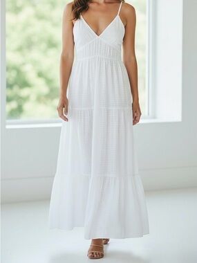 White flowy Maxi Deep V-Neck Dress Sz Small Scoop Back Boho Fairy Beach Bridal